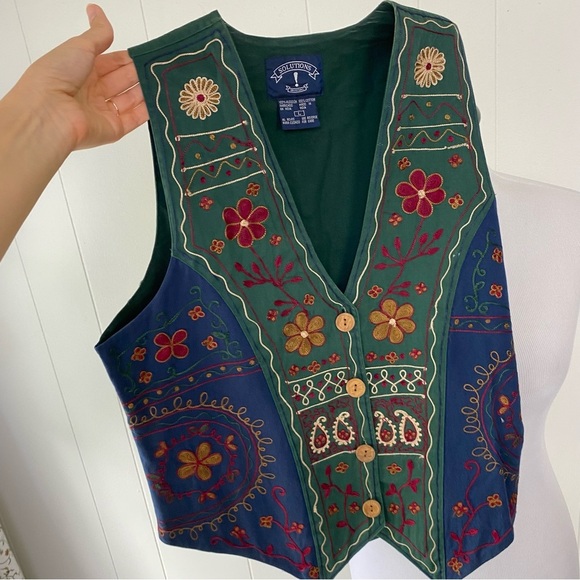 VTG 80s 90s Solutions Green Blue Floral Embroidered Vest Size Large Boho Grunge - Picture 12 of 15